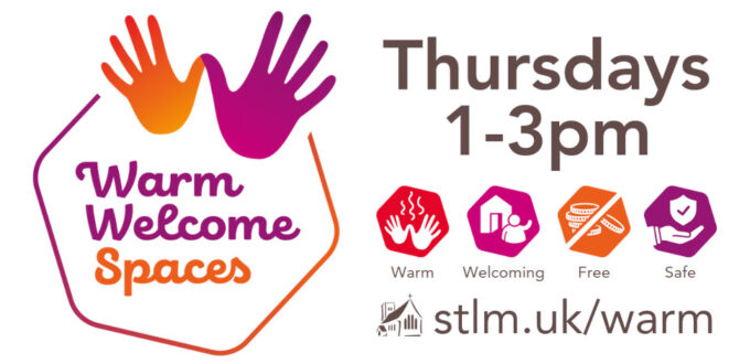 Graphic advertising Warm Welcome Space at St Lawrence Church, 1-3pm on Thursdays: warm, welcoming, free, safe